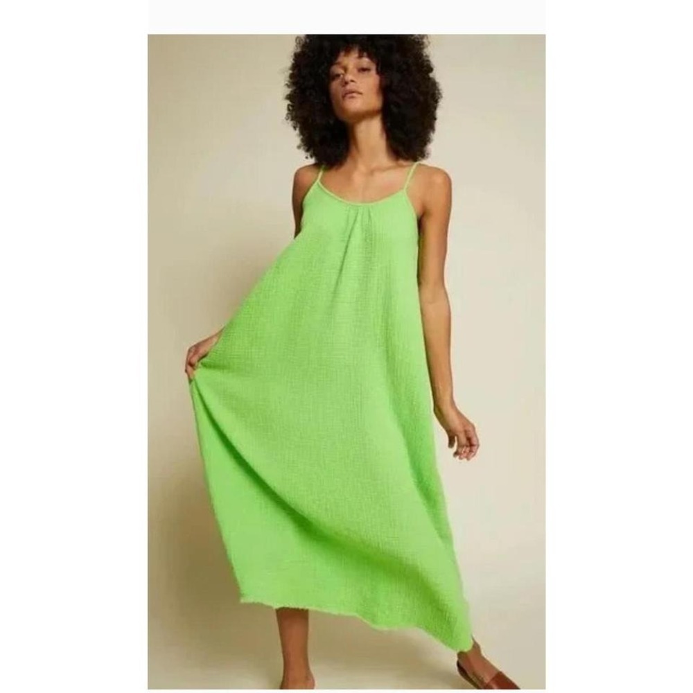 Nation LTD Lime Green Double Gauze Cotton Maxi Dress Spaghetti Strap Size M